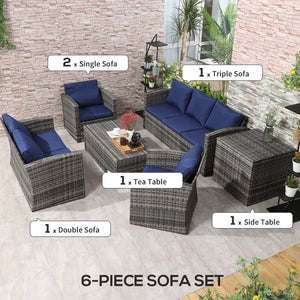 Ensemble de meubles en osier 6 pièces avec coussins, canapé de jardin 7 places en rotin avec table de rangement, bleu marine