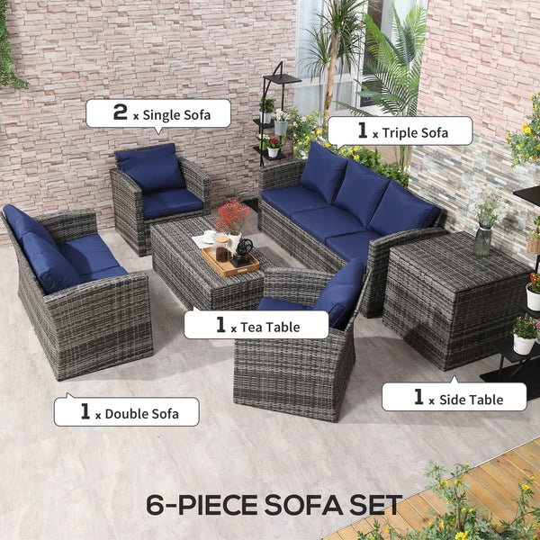 Ensemble de meubles en osier 6 pièces avec coussins, canapé de jardin 7 places en rotin avec table de rangement, bleu marine