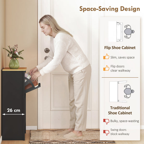 Shoe cabinet with 2 tilt-out drawers and adjustable shelves for 8 to 12 pairs of shoes, black
