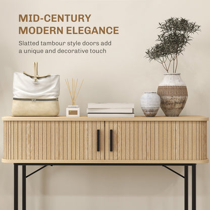 Console étroite avec portes coulissantes à lattes et pieds en acier, chêne et noir