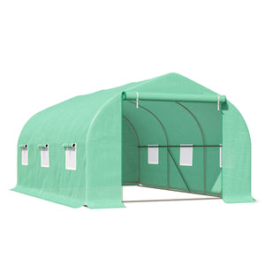 Serre tunnel de jardin avec porte enroulable et 6 fenêtres grillagées, structure en acier, verte