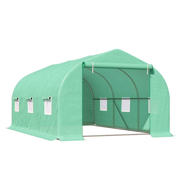 Serre tunnel de jardin avec porte enroulable et 6 fenêtres grillagées, structure en acier, verte