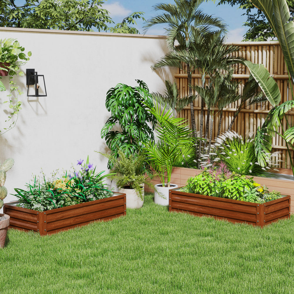 Set of 2 raised planters in galvanized steel, brown wood effect 