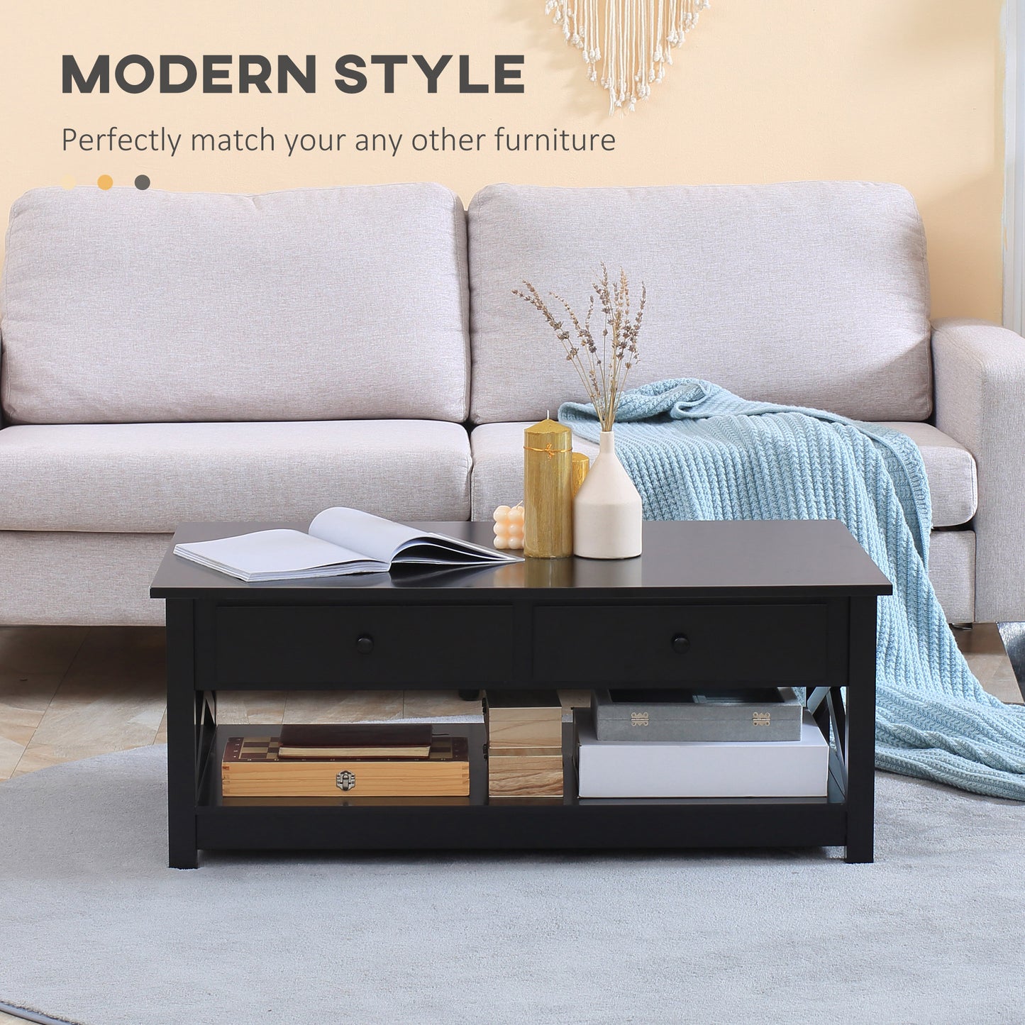 HOMCOM Coffee Table with Storage, Farmhouse Style Living Room Table with Drawers and Open Shelf, Center Table with X-Frames, Black