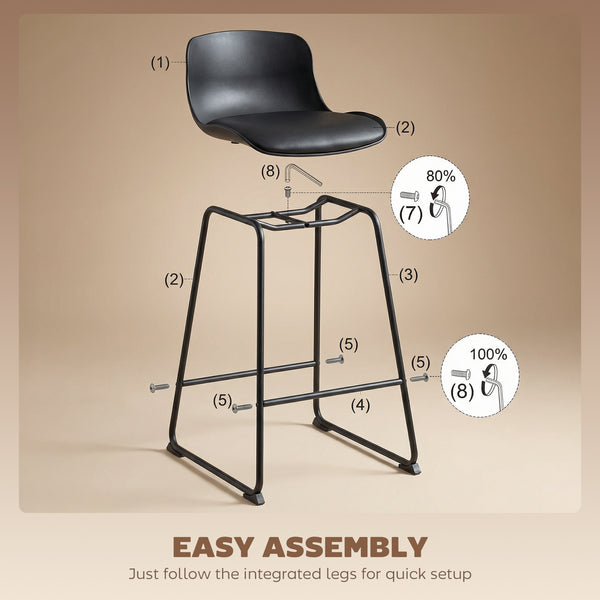 Ensemble de 2 tabourets de bar modernes en similicuir, hauteur comptoir, noir