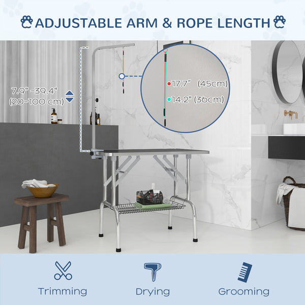Table de toilettage pliable avec bras de toilettage réglable en hauteur et étagère de rangement, noire