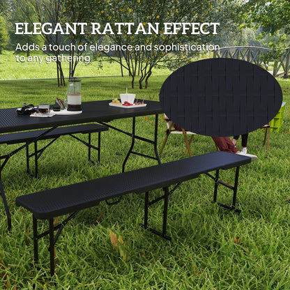 Outsunny 6FT 3PCS Faux Rattan Outdoor Camping Table Bench Set with Carrying Handles, Folding Picnic Table with 2 Benches, Black |