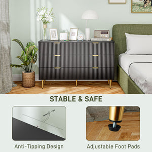 Commode moderne à 6 tiroirs pour chambre à coucher avec pieds et poignées dorés, noir