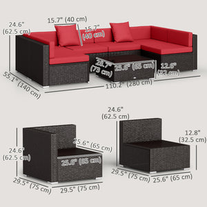 Ensemble de sectionnel 7 pièces en osier pour patio, rouge vin