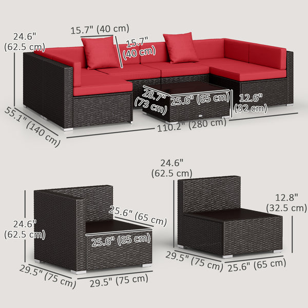 Ensemble de sectionnel 7 pièces en osier pour patio, rouge vin