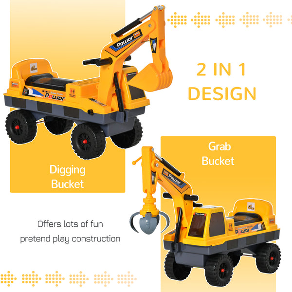 2-in-1 designer construction excavator, removable digging bucket and grabbing bucket, music, light, yellow