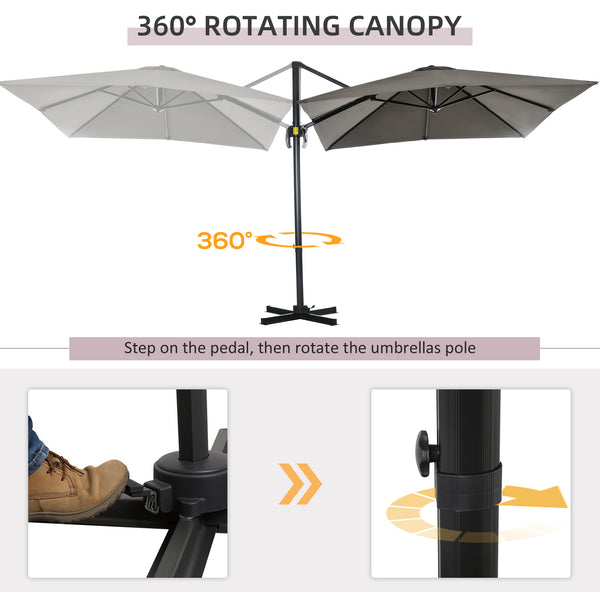Parasol déporté carré de 8 pieds avec rotation à 360°, en aluminium, gris clair