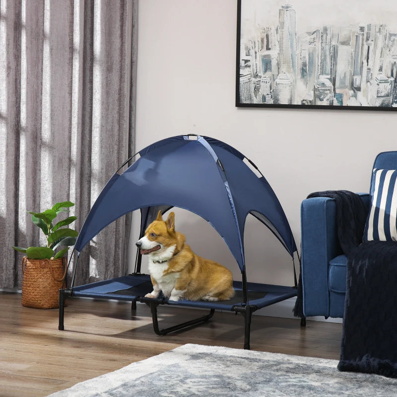 Lit surélevé pour chien avec auvent, bleu foncé
