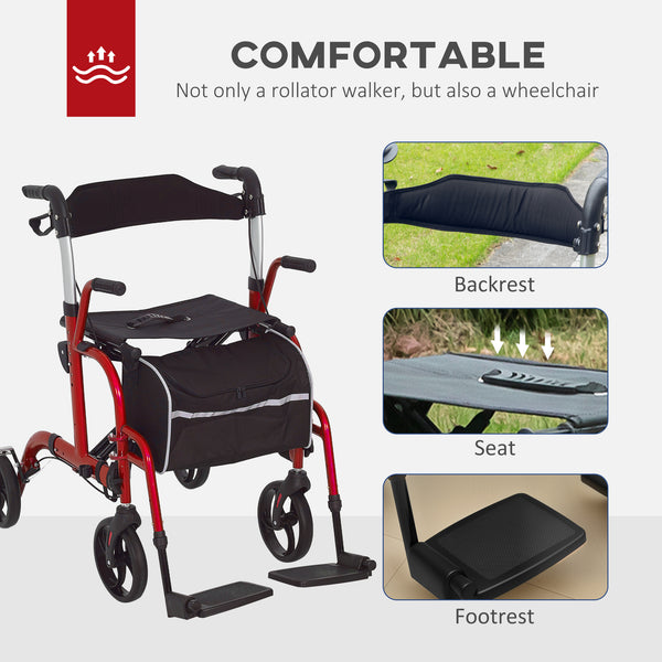 20cm Height Adjustable Folding Rollator Walker, Red