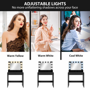 Coiffeuse avec miroir à éclairage LED, station de charge et tiroirs, noire