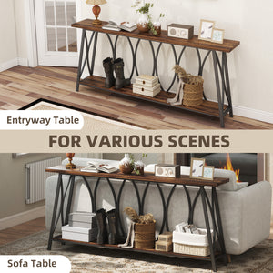 Industrial style two-tier console table with metal frame, rustic brown color.