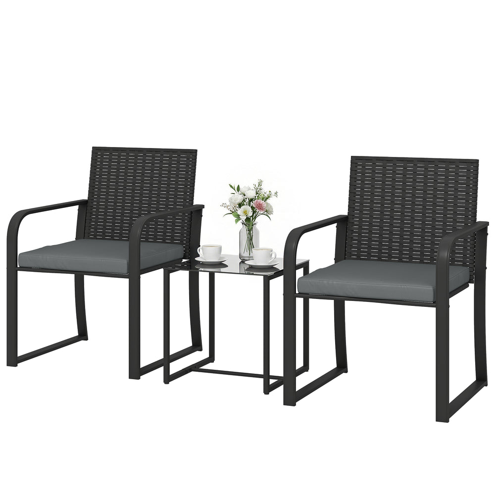 Ensemble bistro d'extérieur 3 pièces en résine tressée avec assise en maille, table en verre et coussins, gris