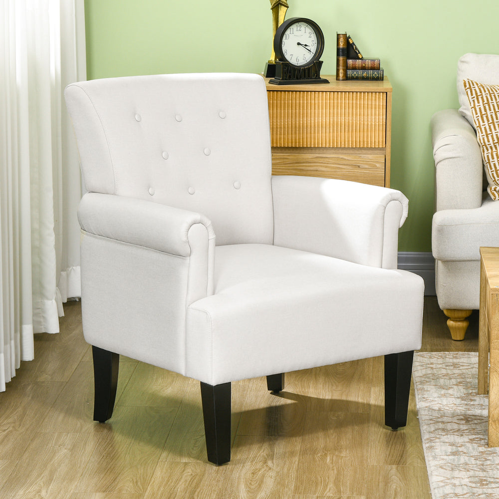 Fauteuil d'appoint en tissu avec pieds en bois et accoudoirs arrondis, blanc crème