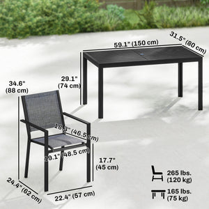 6-Seater Outdoor Dining Set, Metal Wood-Look Patio Table and Stackable Chairs, Black