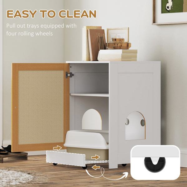 Litter box cabinet with sliding drawer, oak color.