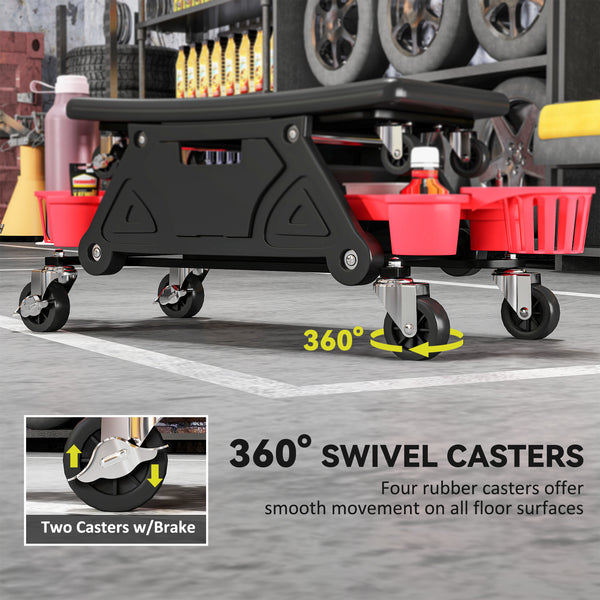 Padded rolling garage stool with tool storage, black.