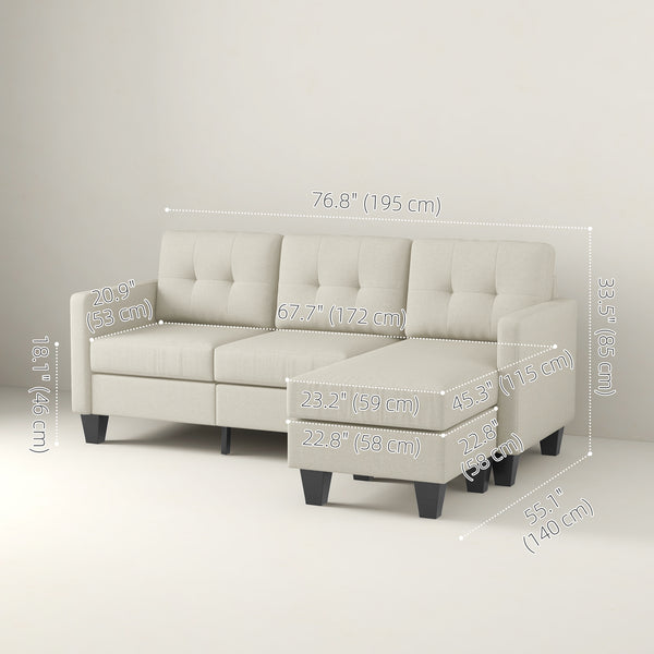 3-seater L-shaped corner sofa with ottoman, thick cushion and wooden legs, beige