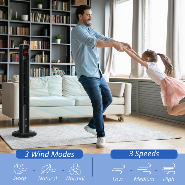 Ventilateur tour autonome avec oscillation, 3 vitesses, minuterie 12 h, panneau de capteur LED, télécommande, noir