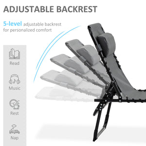 Chaise longue pliante avec dossier réglable et coussin amovible, gris