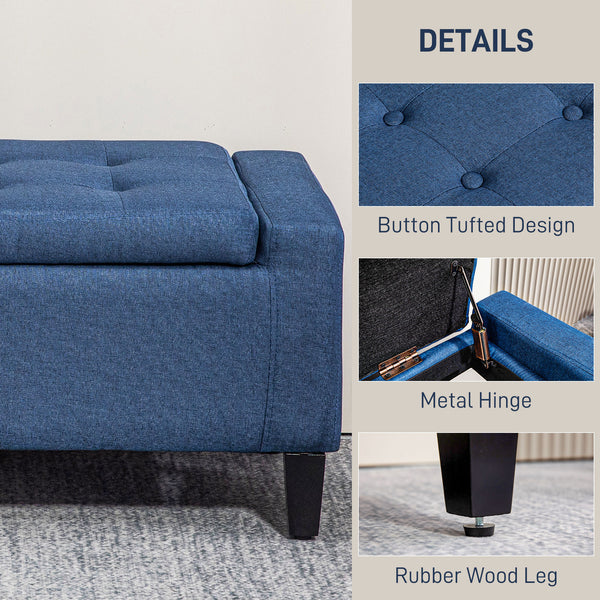 Banc ottoman de rangement rembourré en lin avec motif capitonné, bleu foncé