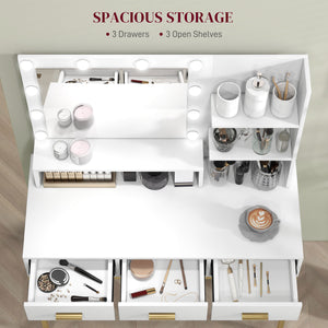 Coiffeuse lumineuse LED avec miroir, 3 tiroirs et étagères de rangement, blanc