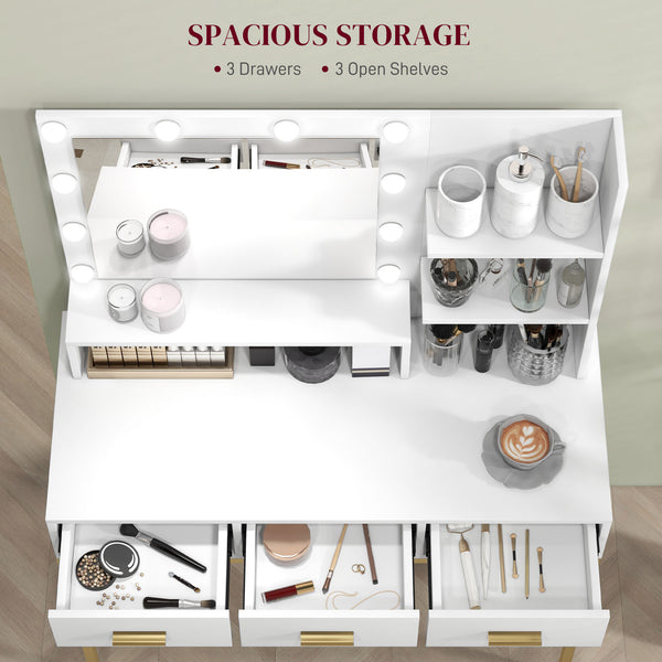 Coiffeuse lumineuse LED avec miroir, 3 tiroirs et étagères de rangement, blanc