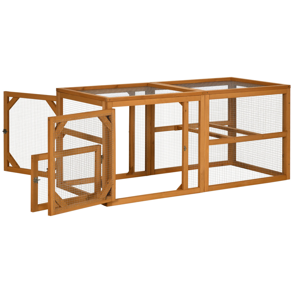 Outdoor wooden chicken coop extension with perches