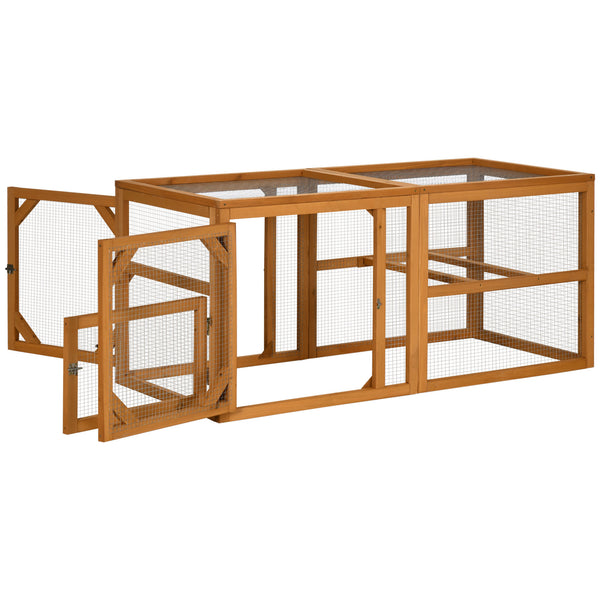 Outdoor wooden chicken coop extension with perches