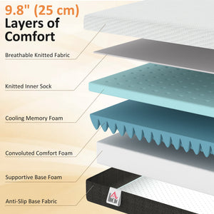 Matelas Queen 10 po à 3 couches en mousse mémoire rafraîchissante, mi-ferme – Blanc et gris foncé