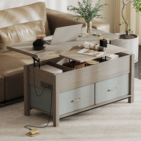 Table basse relevable et extensible avec prises électriques, ports USB et 5 espaces de rangement – Gris foncé