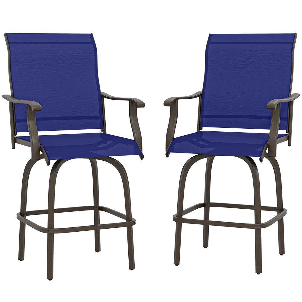 Outdoor Bar Stools Set of 2, Swivel Bar Height Chairs with High Back, Curved Armrests and Steel Frame, Navy Blue