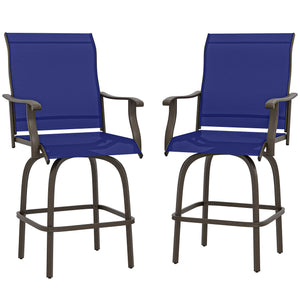 Outdoor Bar Stools Set of 2, Swivel Bar Height Chairs with High Back, Curved Armrests and Steel Frame, Navy Blue