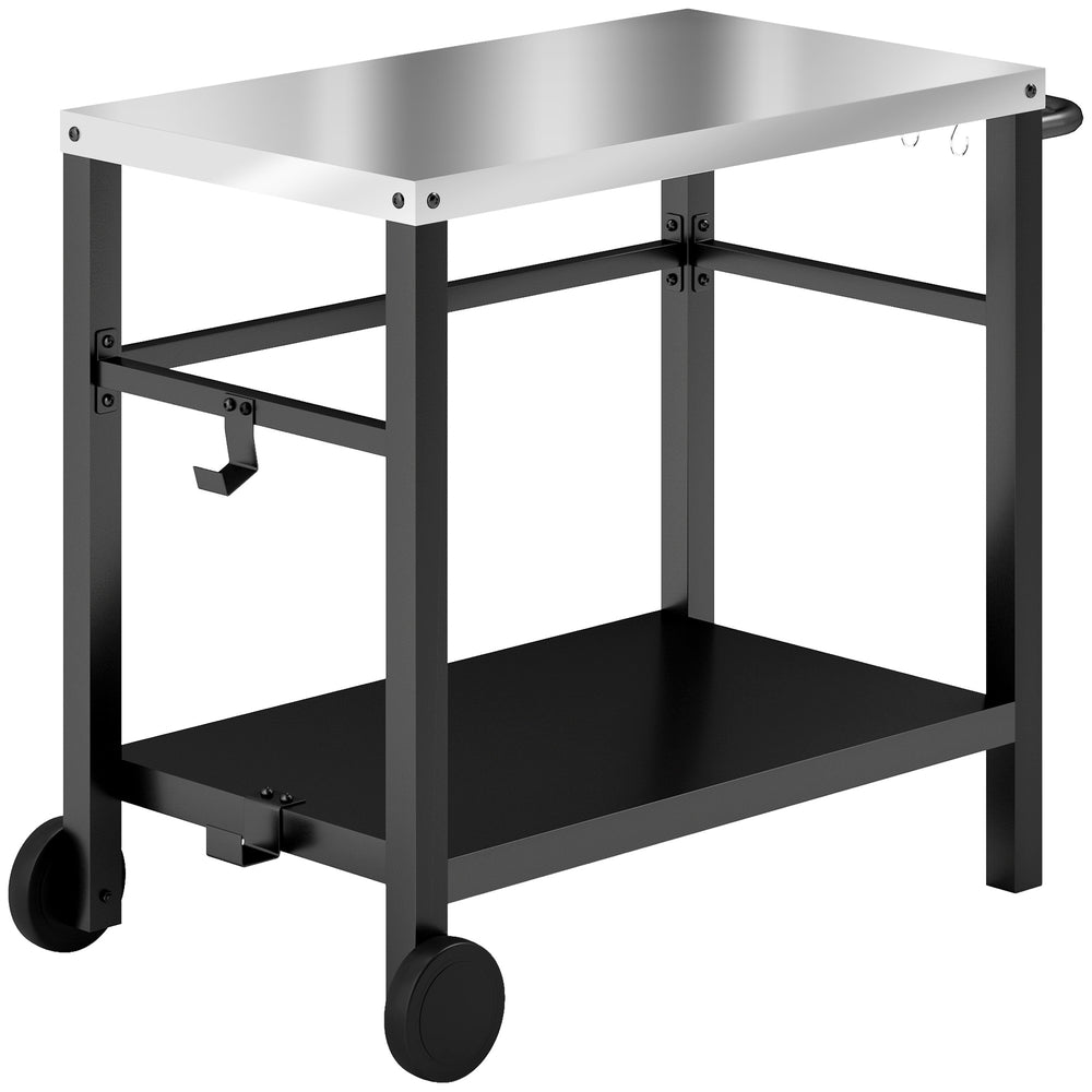 Outdoor Grill Dining Cart with Stainless Steel Tabletop, 2-Shelf BBQ Movable Pizza Oven Stand with Wheels, Charcoal Grey