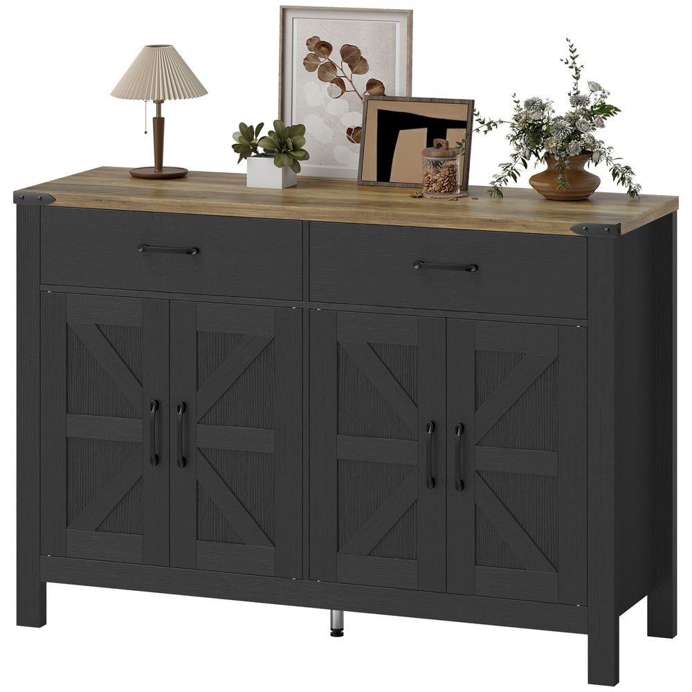 Buffet de rangement de cuisine de style campagnard avec 2 tiroirs et étagères, noir