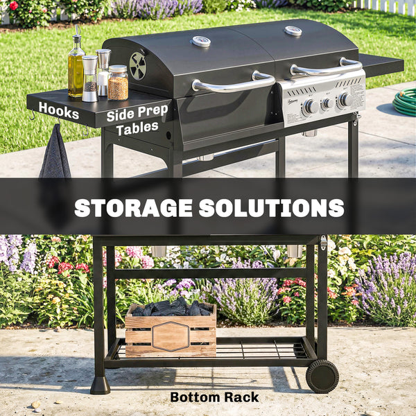 Dual fuel BBQ, charcoal and gas burners, black