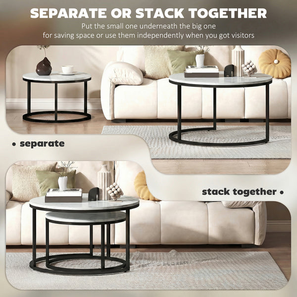 Ensemble de 2 tables basses gigognes avec plateaux effet marbre – Marbre blanc