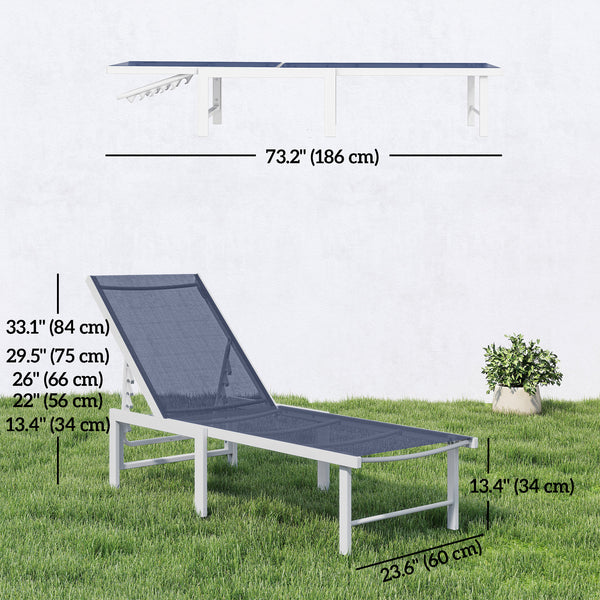 Outdoor Lounge Chair, 5-Position Reclining Outdoor Chaise Lounge Tanning Chair with Mesh Seat, Dark Blue
