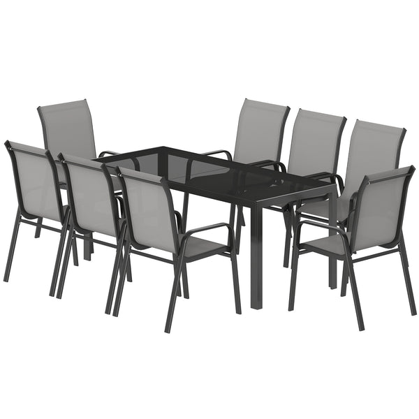 Ensemble de patio 9 pièces avec chaises empilables avec plateau en verre, gris clair