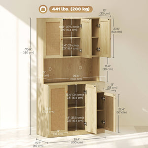 Buffet de cuisine avec plan de travail pour micro-ondes style bohème, avec portes décoratives en rotin, couleur naturelle