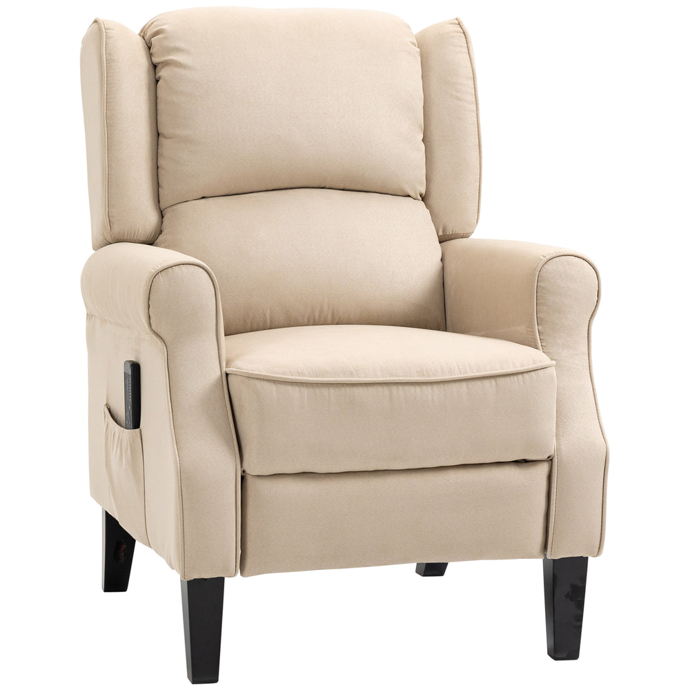 Fauteuil de massage inclinable avec repose-pieds extensible, pieds en bois, télécommande, poches latérales, beige