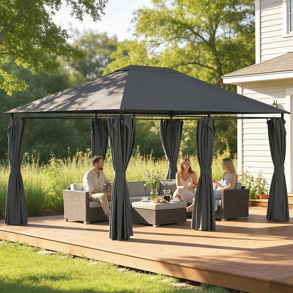 13'x 10' Soft-top Steel Patio Gazebo Canopy Party Tent with 6 Removable Curtains and Drainage Holes, Dark Gray