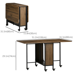 Table de salle à manger pliante avec étagère de rangement et 6 roulettes, marron clair