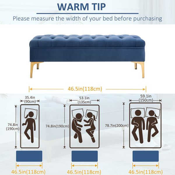 Banc de chevet rembourré avec capitonnage à boutons, bleu