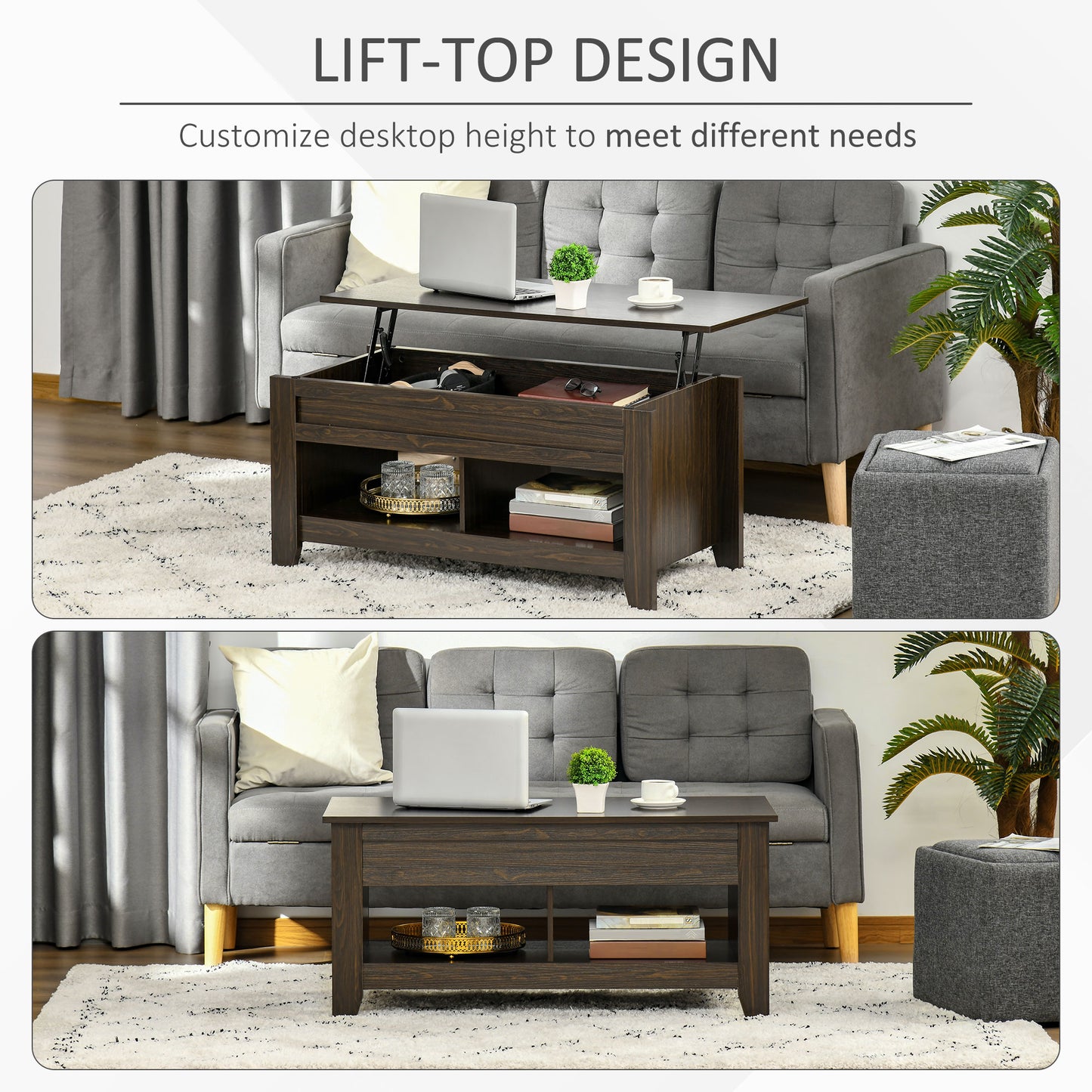 Table basse relevable avec compartiment de rangement dissimulé et étagères ouvertes, noyer foncé