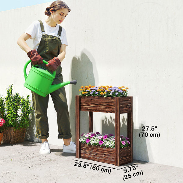2-Tier Wooden Raised Planter Box with Legs, 60 x 25 x 70 cm, with Drainage Holes and Bed Liner.